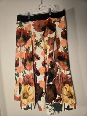 White House Black Market Floral Midi Skirt in White, Coral, Yellow, Green, Black